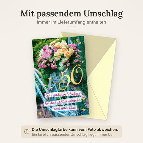 Jubiläumskarte Goldene Hochzeit – 50 Jahre Liebe: Glückwünsche mit Rosen & Herz für Ehepaare