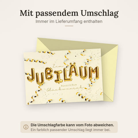 Jubiläumskarte mit goldenen Luftballon-Buchstaben und festlichen Schleifen für besondere Jubiläumsfeiern