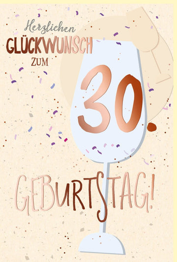Jubiläumskarte 30 Jahre - Eleganz in Roségold Metallicfolie auf Zuckerrohrpapier mit Sektglas - Motiv, ideal für Glückwünsche und Festdekoration.