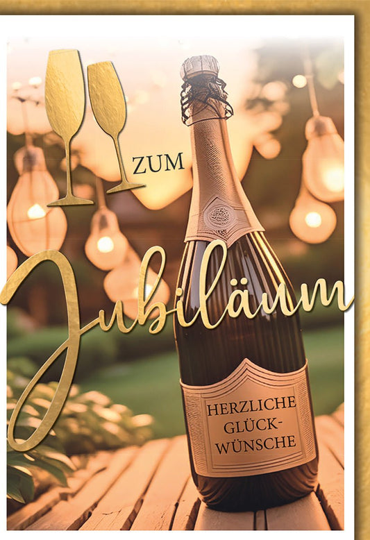 Jubiläumskarte Elegant – Sektflasche mit Lichterkette und Goldakzenten im Freien