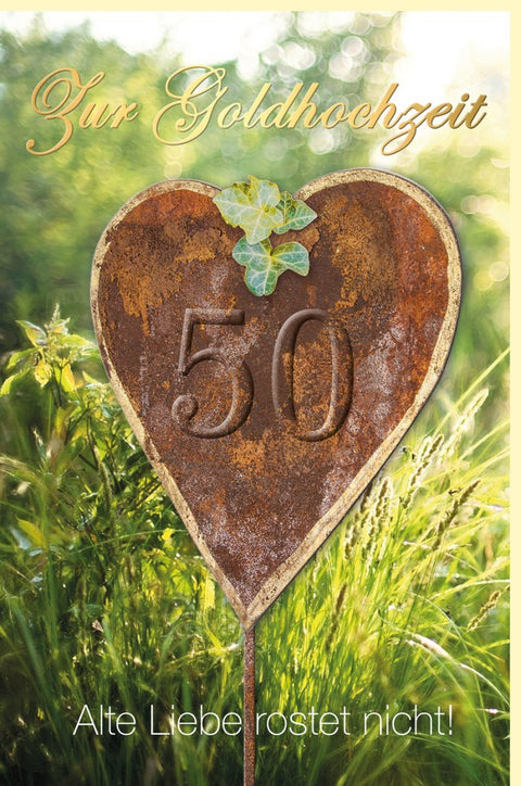 Jubiläumskarte Goldene Hochzeit - 50 Jahre Liebe, Herzdesign in Goldfolie & Rostoptik, Naturwiese Glückwunschkarte