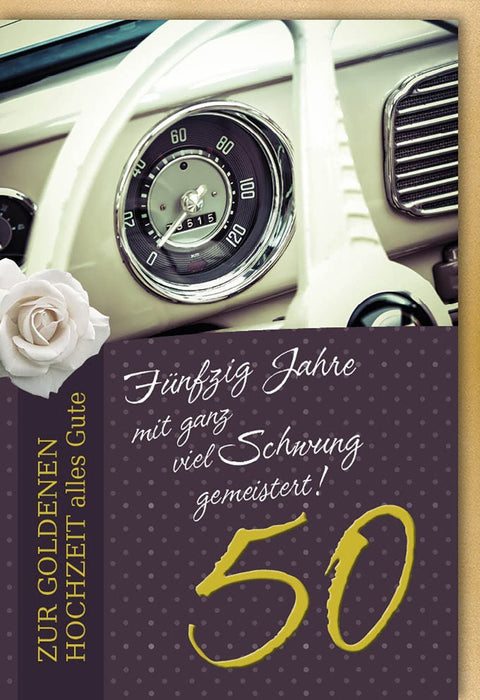 Jubiläumskarte Goldene Hochzeit: Vintage Auto Design mit Rose & Tachometer für 50 Jahre Glückwünsche