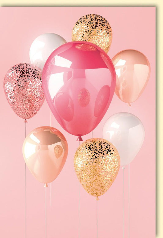 Jubiläumskarte in Rosa & Gold mit Glitzer - Luftballons, Elegante Blankokarte für Feierlichkeiten