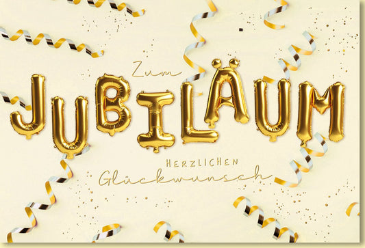 Jubiläumskarte mit goldenen Luftballon - Buchstaben und festlichen Schleifen für besondere Jubiläumsfeiern