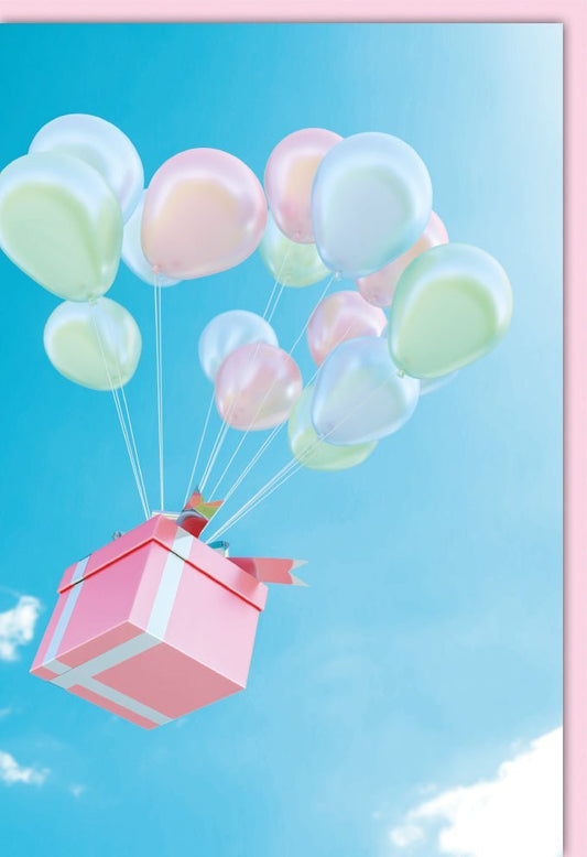 Jubiläumskarte ohne Text - Schwebende Luftballons & Geschenkbox, Pastellfarben Blau Rosa, Ideal für Einladungen & Überraschungen