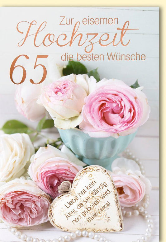 Jubiläumskarte zur Eisernen Hochzeit - Elegantes Rosen & Herz Design, Perlenakzente, Liebevoller Schriftzug für das 65. Jubiläum
