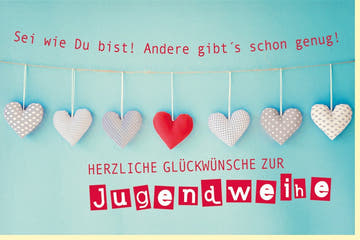 Jugendweihekarte - "Herzlichen Glückwunsch & Sei wie du bist" - Einzigartig, Blau mit Herzen, 210x148mm