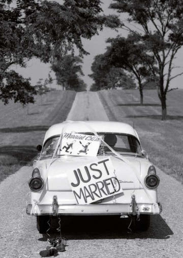Just Married Postkarte - Retro Auto mit Dosen, Schwarz - Weiß Rückansicht, Brautpaar & Landschaft, Vintage Glück & Liebe Deko