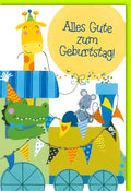 Kinder-Geburtstagskarte: Fröhliche Tierwelt mit Giraffe, Krokodil & Maus, Wimpelkette & Ballons