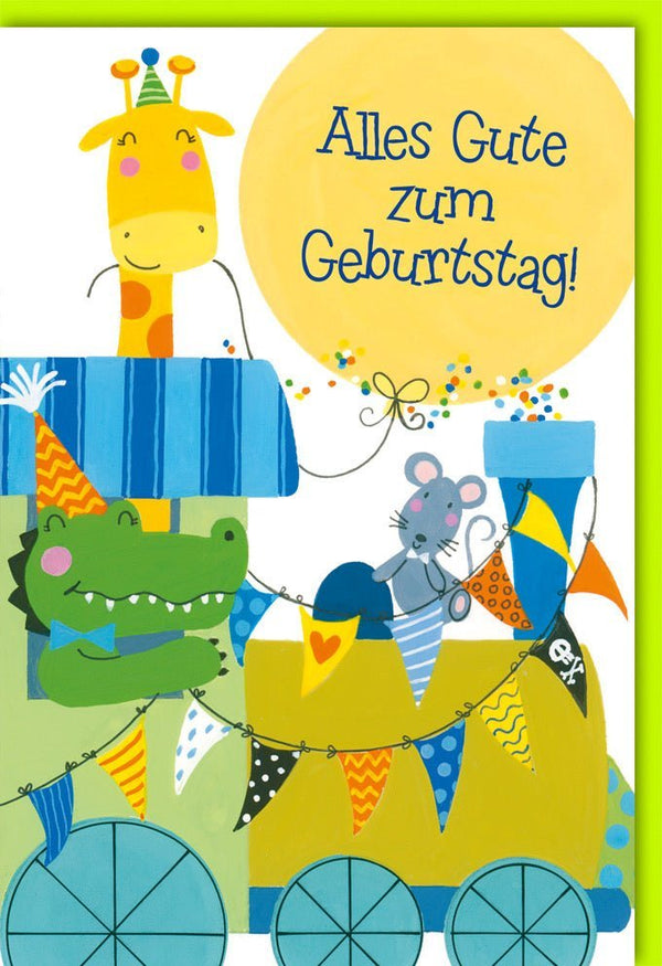 Kinder-Geburtstagskarte: Fröhliche Tierwelt mit Giraffe, Krokodil & Maus, Wimpelkette & Ballons