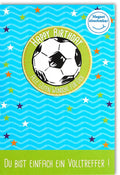 Kinder-Geburtstagskarte Fußball-Thema: Einladung & Glückwünsche, Blau-Grün, Sportliches Design für Jungen & Mädchen
