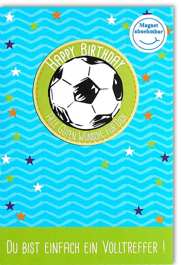 Kinder-Geburtstagskarte Fußball-Thema: Einladung & Glückwünsche, Blau-Grün, Sportliches Design für Jungen & Mädchen