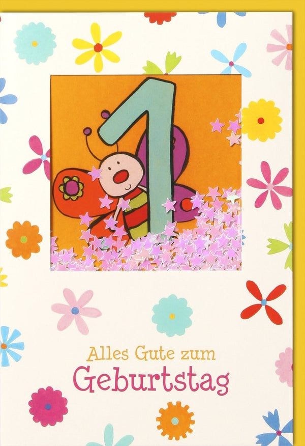 Kindergeburtstagskarte 1 Jahr - Bunte Blumen & Fröhliche Biene, Perfekt für Mädchen & Jungen, Partydeko, Farbige Glückwünsche