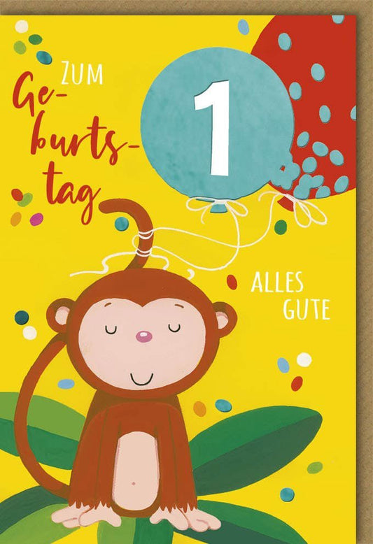 Kindergeburtstagskarte 1. Jahr - Fröhlicher Affe mit Ballon, Bunte Illustration, Einladung zur Party für Jungen & Mädchen, Grün & Gelb