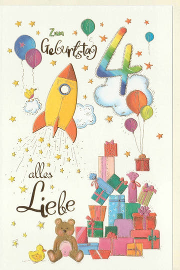 Kindergeburtstagskarte 4 Jahre - Fröhliche Rakete & Ballons, Teddy und Sterne Design, Party Glückwünsche