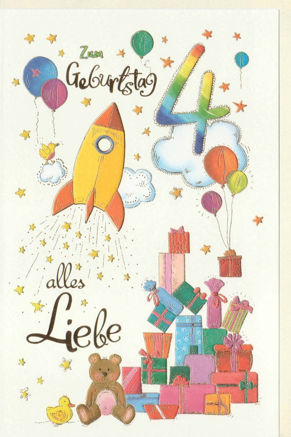Kindergeburtstagskarte 4 Jahre - Fröhliche Rakete & Ballons, Teddy und Sterne Design, Party Glückwünsche