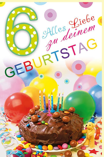 Kindergeburtstagskarte 6 Jahre - Bunte Ballons & Torte für eine fröhliche Feier voller Spaß und Freude