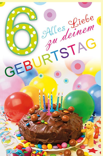 Kindergeburtstagskarte 6 Jahre - Bunte Ballons & Torte für eine fröhliche Feier voller Spaß und Freude