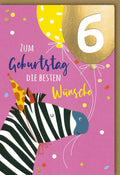 Kindergeburtstagskarte 6 Jahre - Fröhliches Zebra & Luftballons Design, Bunte Glückwünsche von Galerie Dominique