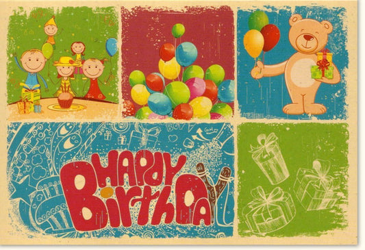 Kindergeburtstagskarte - Bunte Ballons, Teddybär & Geschenke im fröhlichen Cartoon - Stil für Spaß und Freude
