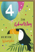 Kindergeburtstagskarte - Bunte Glückwunschkarte zum 4. Geburtstag mit Papagei und Luftballons von Galerie Dominique Verlag