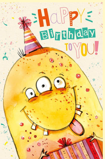 Kindergeburtstagskarte - Bunte Happy Birthday Karte aus Zuckerrohrpapier mit Partyhut & Konfetti, Fröhlich für Jungen & Mädchen - Gelb