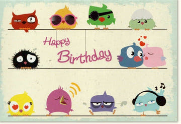 Kindergeburtstagskarte: Bunte Vögel Happy Birthday - Lustige Einladung mit Musik & Cartoon - Design für fröhliche Feiern