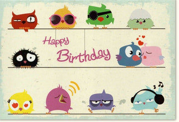 Kindergeburtstagskarte: Bunte Vögel Happy Birthday - Lustige Einladung mit Musik & Cartoon - Design für fröhliche Feiern