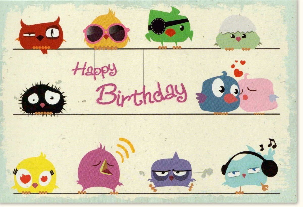 Kindergeburtstagskarte: Bunte Vögel Happy Birthday - Lustige Einladung mit Musik & Cartoon - Design für fröhliche Feiern