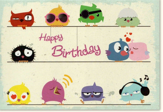 Kindergeburtstagskarte: Bunte Vögel Happy Birthday - Lustige Einladung mit Musik & Cartoon - Design für fröhliche Feiern
