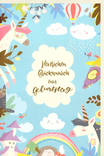 Kindergeburtstagskarte - Einhorn & Heißluftballon, Regenbogen Wolken, Bunte Illustration für fröhliche Wünsche