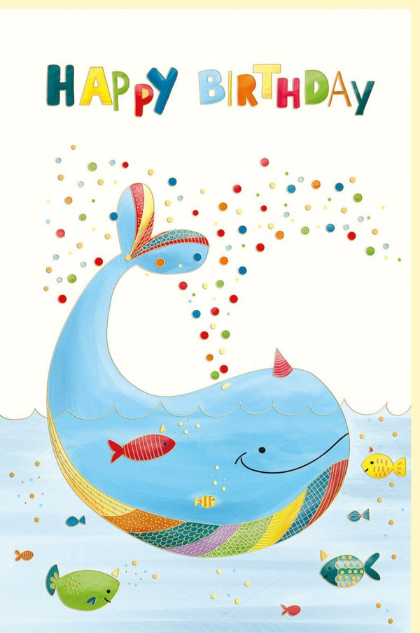 Kindergeburtstagskarte - Fröhliche Glückwünsche mit Goldfolie & Meerestieren, Bunte Party Einladung in Blau