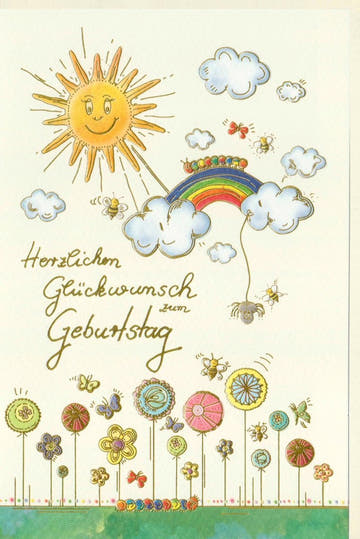 Kindergeburtstagskarte: Fröhliche Illustration mit Sonne, Regenbogen & Blumen - Bunte Glückwünsche zur Feier