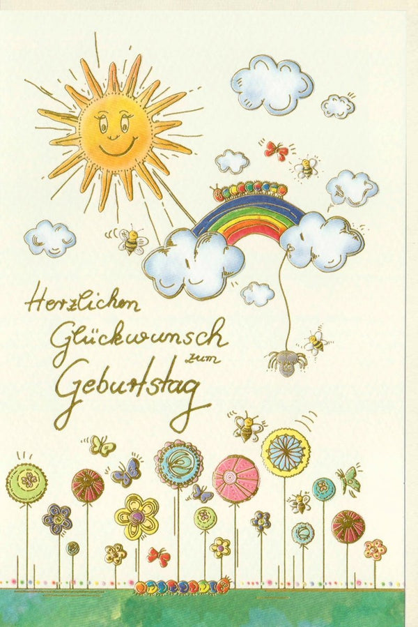 Kindergeburtstagskarte: Fröhliche Illustration mit Sonne, Regenbogen & Blumen - Bunte Glückwünsche zur Feier