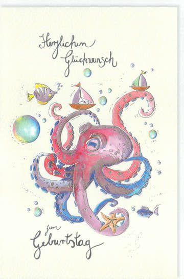 Kindergeburtstagskarte: Fröhliche Meerestier - Illustration mit Tintenfisch und Segelschiffen