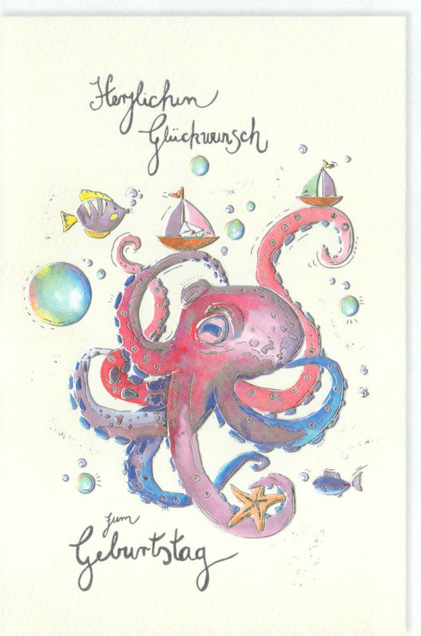 Kindergeburtstagskarte: Fröhliche Meerestier-Illustration mit Tintenfisch und Segelschiffen