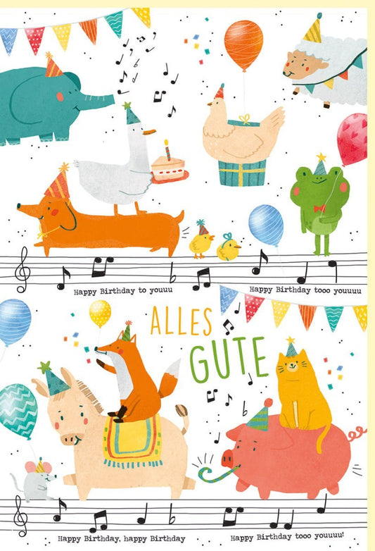 Kindergeburtstagskarte - Fröhliche Tiermotive mit Partyhüten, Wimpelketten & Konfetti auf Naturkarton für unvergesslichen Spaß