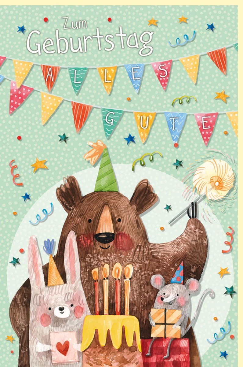 Kindergeburtstagskarte - Fröhliche Tierparty mit Bär, Maus & Katze - Bunter Kuchen & Wimpelkette in Grün