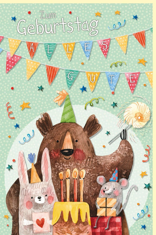 Kindergeburtstagskarte - Fröhliche Tierparty mit Bär, Maus & Katze - Bunter Kuchen & Wimpelkette in Grün