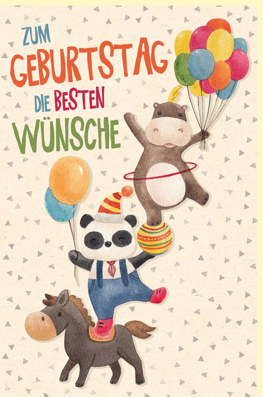 Kindergeburtstagskarte - Fröhliche Tierpyramide mit bunten Ballons, Glückwünsche auf nachhaltigem Zuckerrohrpapier, Orange Design