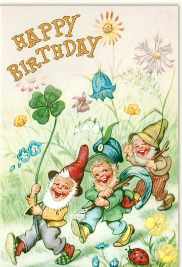 Kindergeburtstagskarte - Fröhliche Zwerge feiern auf der Wiese mit Kleeblatt, Blumen & Schmetterlingen, Bunte Cartoon - Fantasy Illustration