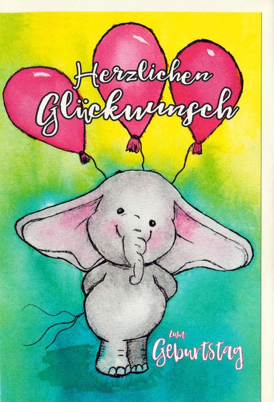 Kindergeburtstagskarte - Fröhlicher Elefant mit Luftballons, farbenfrohe Illustration