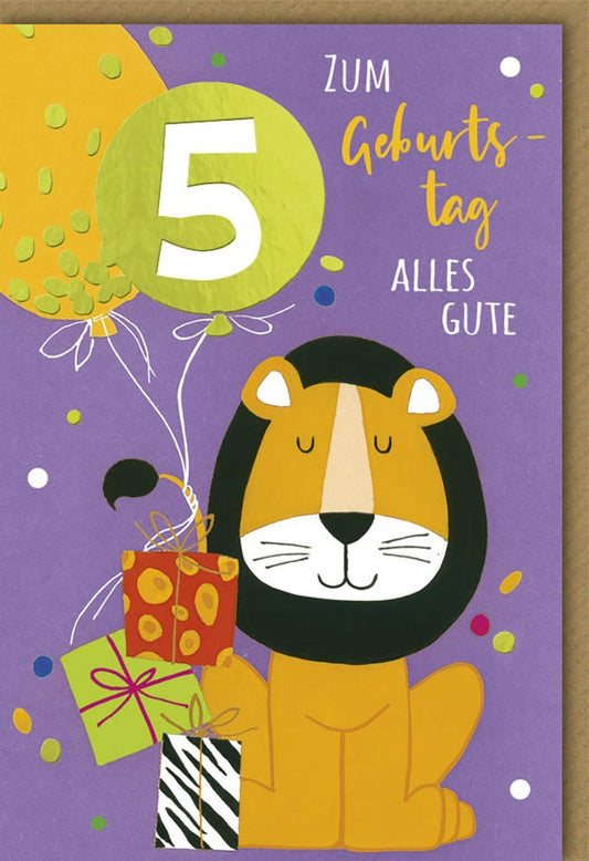 Kindergeburtstagskarte - Fröhlicher Löwe mit Ballons & Geschenken, Zahl 5 - Bunte Cartoon - Illustration für kleine Geburtstagskinder