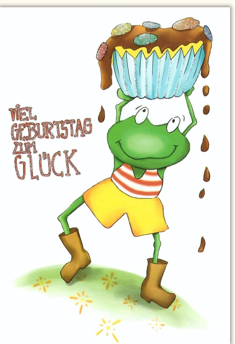 Kindergeburtstagskarte - Glitzernder Frosch, Buntes Tiermotiv, Lustige Cartoonillustration, Happy Birthday Karte