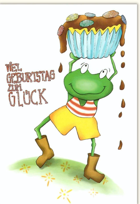 Kindergeburtstagskarte - Glitzernder Frosch, Buntes Tiermotiv, Lustige Cartoonillustration, Happy Birthday Karte
