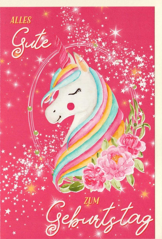 Kindergeburtstagskarte - Glitzerndes Einhorn mit Rosa Blumen Design zur Feier und Gratulation