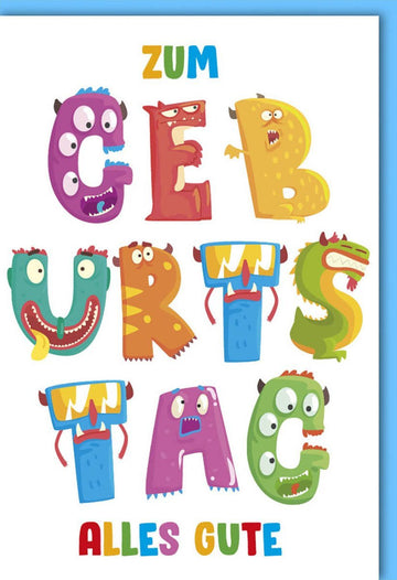 Kindergeburtstagskarte - Lustige Monster, Bunte Glückwünsche für Jungen & Mädchen, Niedliche Farben auf Blauem Hintergrund