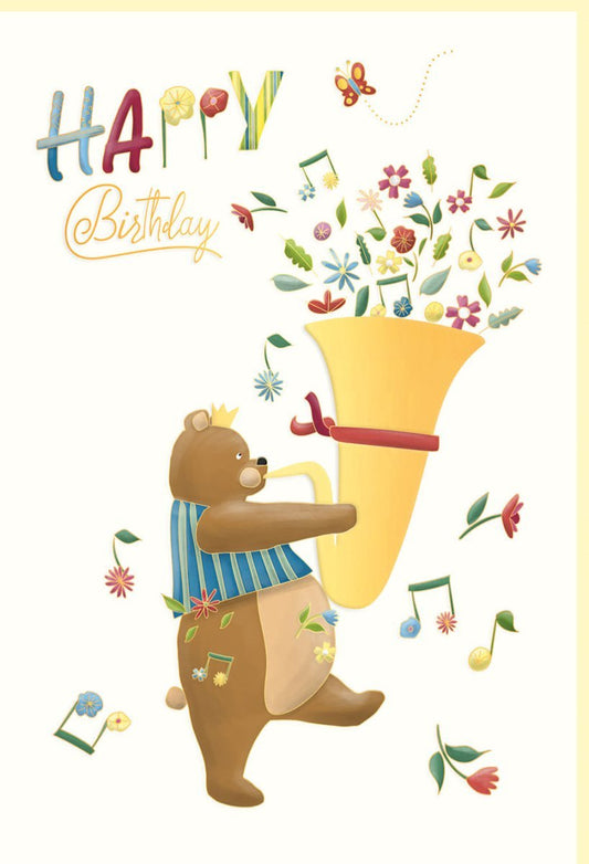 Kindergeburtstagskarte - Lustiger Bär mit Tuba, Blumen & Goldakzenten auf Naturkarton, Musikalisches Tiermotiv für Jungen & Mädchen