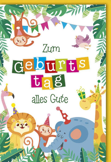 Kindergeburtstagskarte mit Dschungel - Tieren – Fröhliche Einladung mit Giraffe, Elefant & Co. für bunte Safari - Party im Grünen
