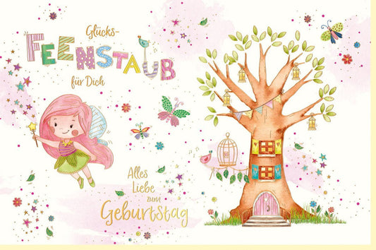 Kindergeburtstagskarte mit Feen Baumhaus & Magischem Staub - Rosa/Grün, Schmetterlinge, Sterne für Mädchen mit Fantasievollem Spruch
